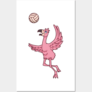 Cartoon flamingo playing volleyball Posters and Art